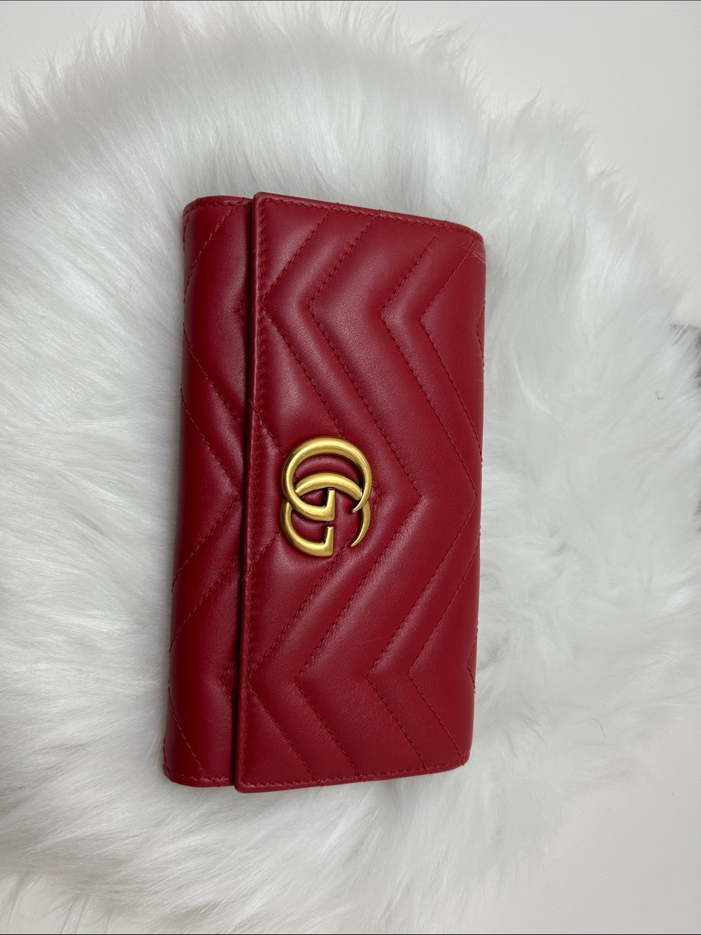 Gucci Red Chevron Quilted Leather Continental Wallet with Gold Double G